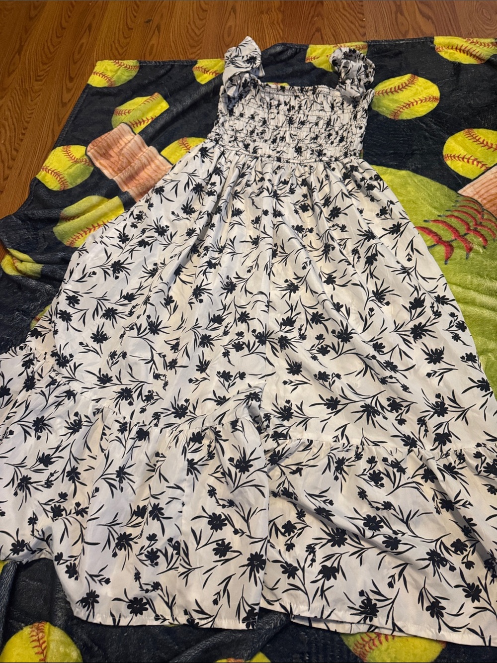 Smocked White Midi Dress with Black Floral Print